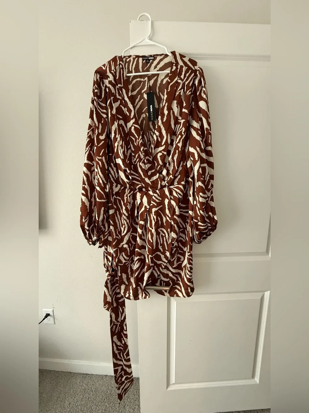 Michael Kors Brown & White Animal-Print Wrap Mini Dress